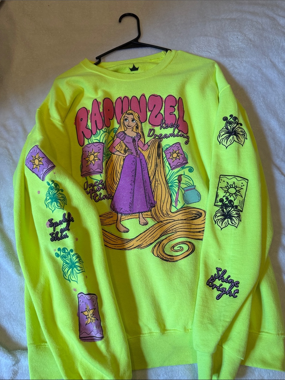 Disney Rapunzel Graphic Sweatshirt - Neon Yellow with Purple Print